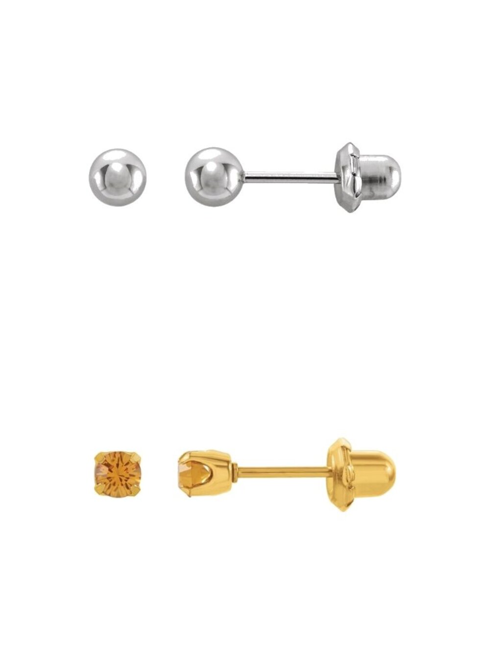 2 Pairs Inverness Piercing Stud Earrings - Steel 3mm Ball + Gold Citrine CZ